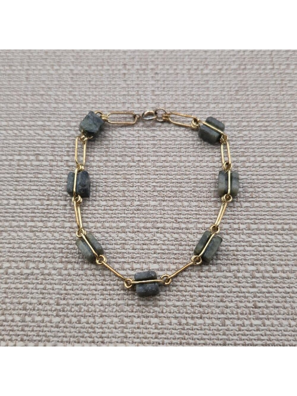 8 Inch Gold Plated Grey Jade Square Bead Paperclip Link Chain Bracelet A8861